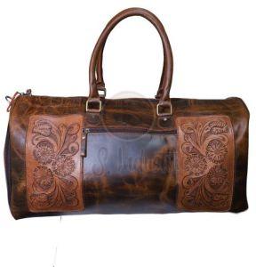 Brown Leather Floral Carved Duffel Bag
