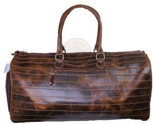 Brown Distressed Leather Horizontal Stitching Duffel Bag