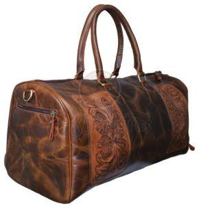 Brown Leather Floral Carved Duffel Bag