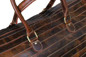 Brown Distressed Leather Horizontal Stitching Duffel Bag