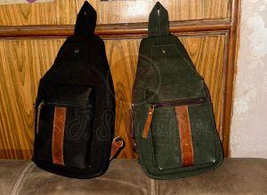 Canvas Sling Bag with Brown Faux Leather Accent