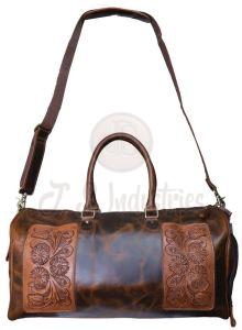 Brown Leather Floral Carved Duffel Bag