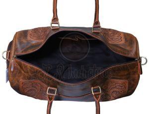 Brown Leather Floral Carved Duffel Bag