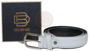 White Alligator Embossed Leather Belt with Metal Pin Buckle