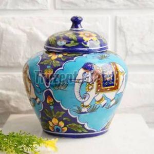 Elephant Motif Ceramic Storage Jar
