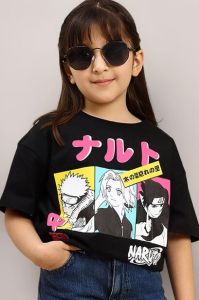 Girls Black Oversized Printed T Shirt
