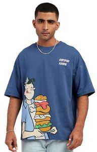 Mens Blue Cartoon Printed Oversized T Shirt