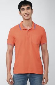 Mens Orange Solid Polo Neck Cotton T Shirt