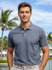 Mens Slate Grey Self Pattern Cotton Polo T Shirt