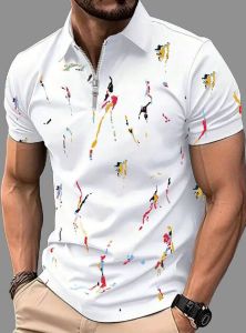Mens White Abstract Print Zip Neck Cotton Polo T Shirt