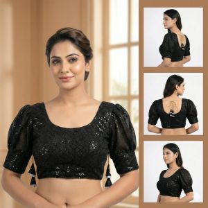 Ladies Black Sequin Puff Sleeve Back Tie Blouse