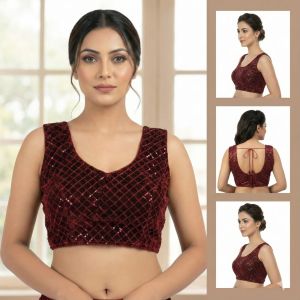Ladies Burgundy Sequin Back Tie Sleeveless Blouse