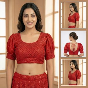Ladies Red Sequin Puff Sleeve Back Tie Blouse