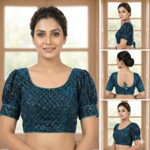 Ladies Teal Sequin Puff Sleeve Back Tie Blouse