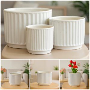 White Ceramic Ribbed Flower Pot Set