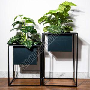 Blue Black Metal Frame Indoor Planter Set