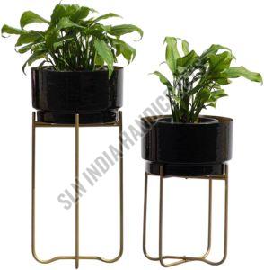 Indoor Metal Golden Planter Stand with Black Round Pot