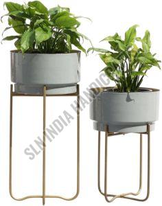 Indoor Metal Golden Planter Stand with Grey Round Pot