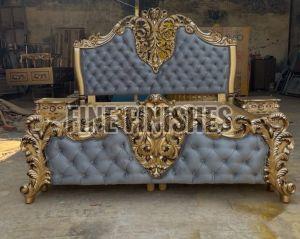 Royal Gold Finish Tufted Wooden King Size Bed