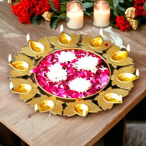 14 Inch Gold Lotus Shape Brass Diya Urli Bowl