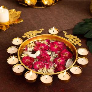 14 Inch Gold- Metal Tealight Candle Holder Urli for Home