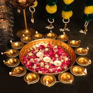 16 Inch Flower Shape Brass Diwali Diya Urli with Bowl