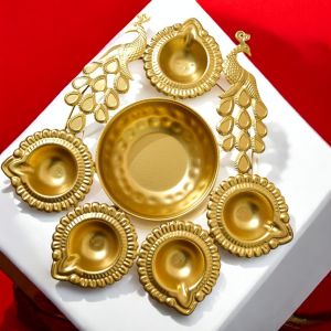 Peacock Design Gold Plated Multipurpose Diya Stand Set