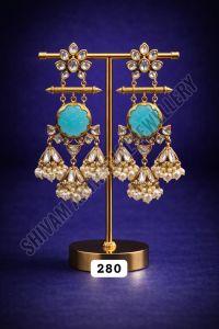 Aqua Blue Stone Pearl Drop Long Earrings