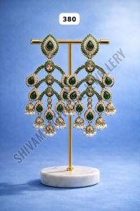 Designer Green Stone Pearl Long Drop Earrings