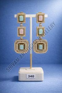 Dual Tone Square Kundan Frame Drop Earrings
