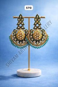 Golden Kundan Green Bead Drop Earrings