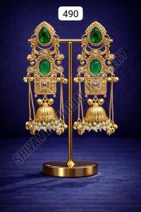 Green Stone Kundan Pearl Long Jhumka Earrings