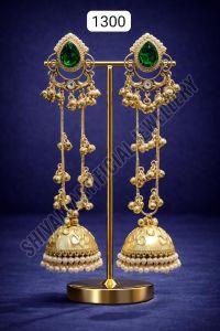 Green Stone Long Jhumka Earrings with Pearl Drops