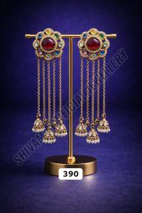 Multi Stone Kundan Long Chain Jhumka Earrings