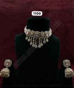 Pink Stone Drop Choker Necklace Set