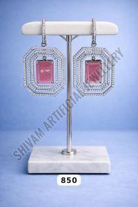 Silver Finish Pink Stone Octagon Drop Earrings