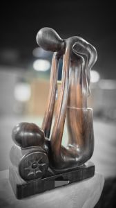 Mother Playing with Son Wooden Statue for Home Decor