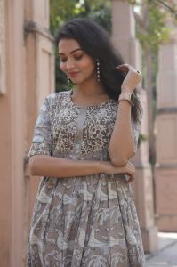 Ladies Beige Printed Cotton Flared Kurti Dress