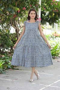 Ladies Blue Printed Flared Maxi Dress