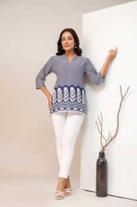 Ladies Blue Zigzag Printed Border Tunic