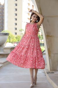 Ladies Coral Geometric Print Tiered Cotton Dress
