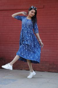 Ladies Indigo Blue Printed Flared Kurti Dress
