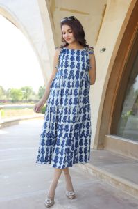 Ladies Indigo Leaf Print Tiered Cotton Dress