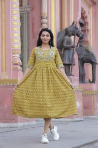 Ladies Mustard Yellow Printed Flared Dress