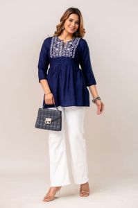 Ladies Navy Blue Embroidered Flared Tunic Top