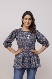 Ladies Navy Blue Printed Flared Tunic Top
