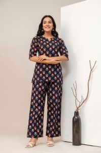 Ladies Navy Blue Printed Kurti Pant Set