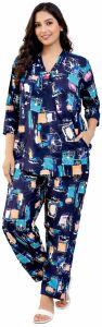 Ladies Navy Blue Printed Nightwear Co Ord Set
