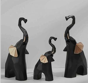 Modern Abstract Black Elephant Figurine Set