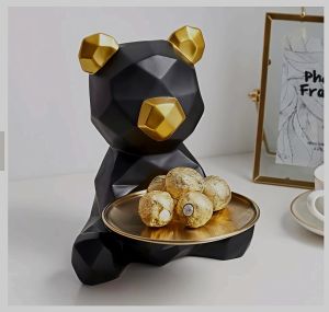 Modern Black & Gold Bear Decorative Tray Sculpture